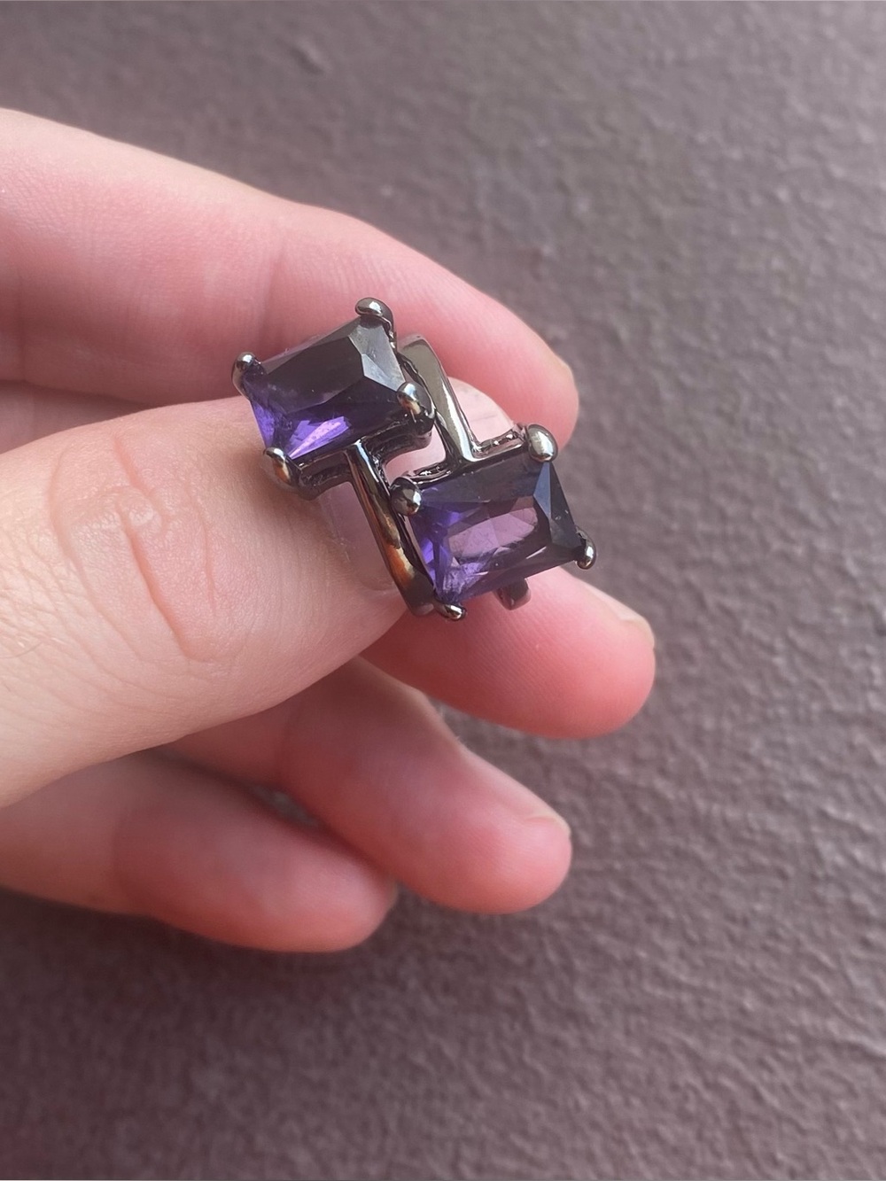 2 Pair Set of Black Stainless Steel Rings Purple Cubic Zirconium Stones Sz 5.5